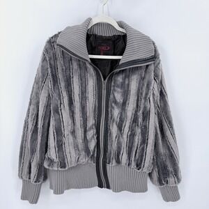 Yoki New York Grey Ribbed Faux Fur Bomber Jacket Zip Front Funnel Neck XL